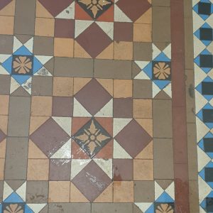 Minton Floor Tile Cleaning Results Walsall Before restored Minton floor tiles after professional cleaning in Walsall